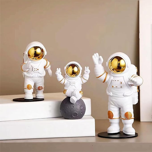 Gold White Astronaut Statues Set of 3, Outer Space Sculpture Figurines for Home Decor Cake Toppers
