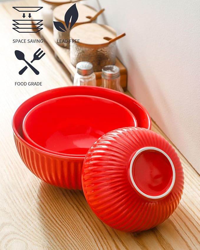 Hasense Mixing Bowls of 3, Porcelain Ribbed Bowls 1.5/1/0.5 Qt For Kitchen, Cooking, Baking and Serving Prep Bowls for Salad, Pasta, Modern Kitchen Dish Dishwasher & Microwave Safe, Red