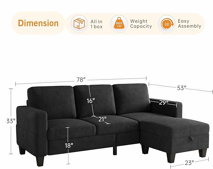 Sectional Sofa Couches for Living Room - Black 3 Seat L-Shaped Couch with Storage Ottoman, Comfy Velvet Convertible Sectionals Sofas with Chaise for Apartment, Office, Small Space