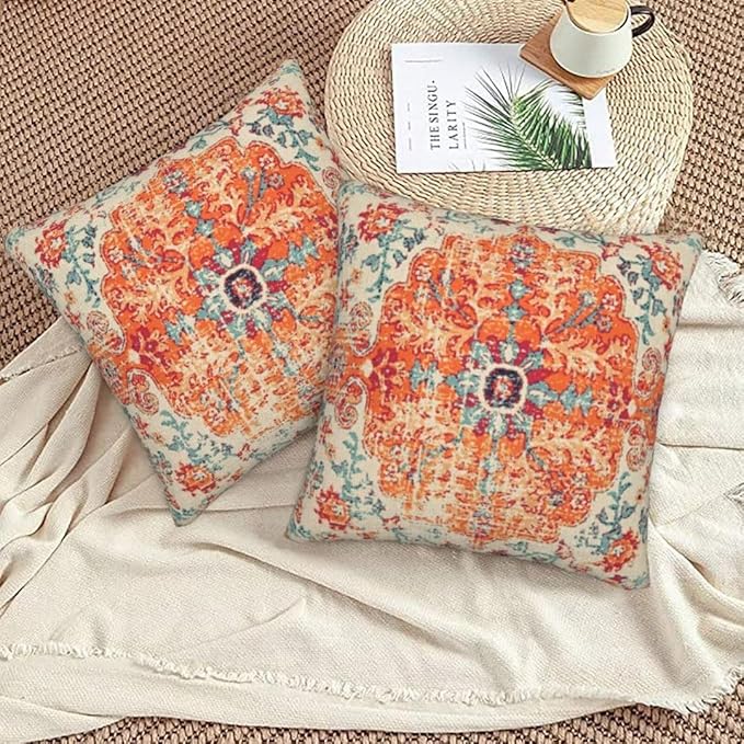 Boho Throw Pillow Covers 16 x 16 Set of 2, Orange Blue Carpet Pattern Pillow Covers Ethnic Design Rustic Farmhouse Cushion Cases Linen Decorative Gifts for Couch Sofa Indoor Outdoor