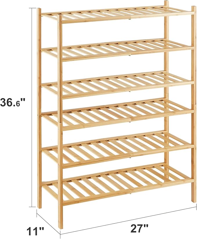 6-Tier Bamboo Shoe Rack for Entryway, Stackable | Heavy Duty | Multi-Function, Free Standing Shoe Racks for Bedroom Hallway Closet