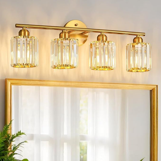 Modern 4 Light Crystal Vanity Light, Brushed Gold Vertical Bathroom Light Fixture Over Mirror for Dressing Table Sink, Compatible with Dimmable Bulbs (Bulbs Not Included)