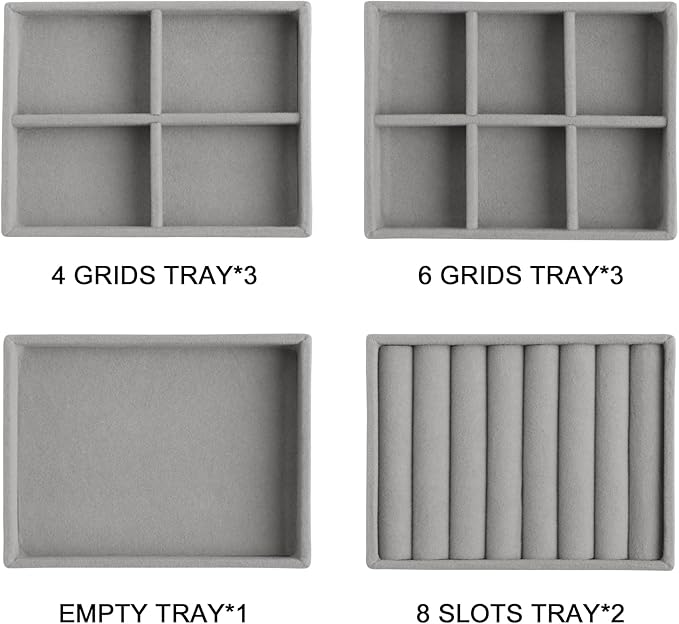 Frebeauty Small Jewelry Tray Set, Stackable Velvet Jewelry Organizer, Drawer Inserts, 4.92 x 3.74 x 0.9 Inches, Earring Organizer for Women (Set of 9, Grey)