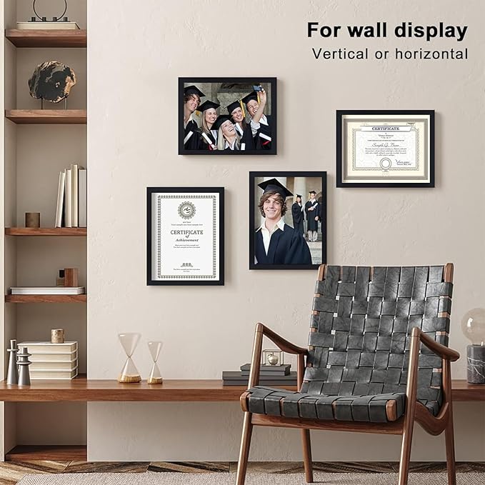 KINLINK A4 Picture Frame, Black Solid Wood Frames with Acrylic Plexiglass for Pictures A5 with Mat or A4 without Mat, Tabletop and Wall Mounting Display 4 Pack