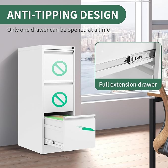 File Cabinet, Vertical File Cabinets with Lock for Home Office,Heavy Duty Office Steel Filing Cabinet for Hanging Letters/Legal/A4, Assembly Required (White, 3 Drawers)