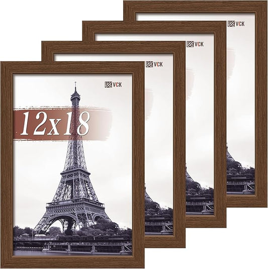 VCK 12x18 Poster Frame Set of 4 - Brown, Gallery-Quality Wood Picture Frames, 1.1-Inch Wide Border, Polished Plexiglass, Vertical or Horizontal Wall Display for Photo/Art/Prints, Brown