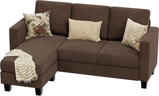 VICTONE Convertible Sectional Sofa Couch, 3 Seat L-Shaped Sofa with Linen Fabric Ottoman Small Couch for Small Apartments, Living Room and Office (Linen Fabric, Brown)