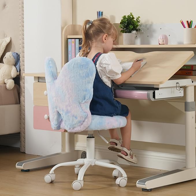 Butterfly Kids Desk & Chair - Adjustable, Swivel, Furry, Blue - Home, Bedroom, School, Dorm