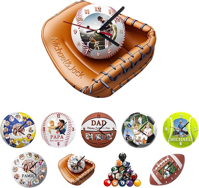Custom Wall Clock, Personalized Clocks with Picture, Customized Silent Sports Ball Clock for Living Room Kids Bedroom, Creative Birthday Baseball Style 1
