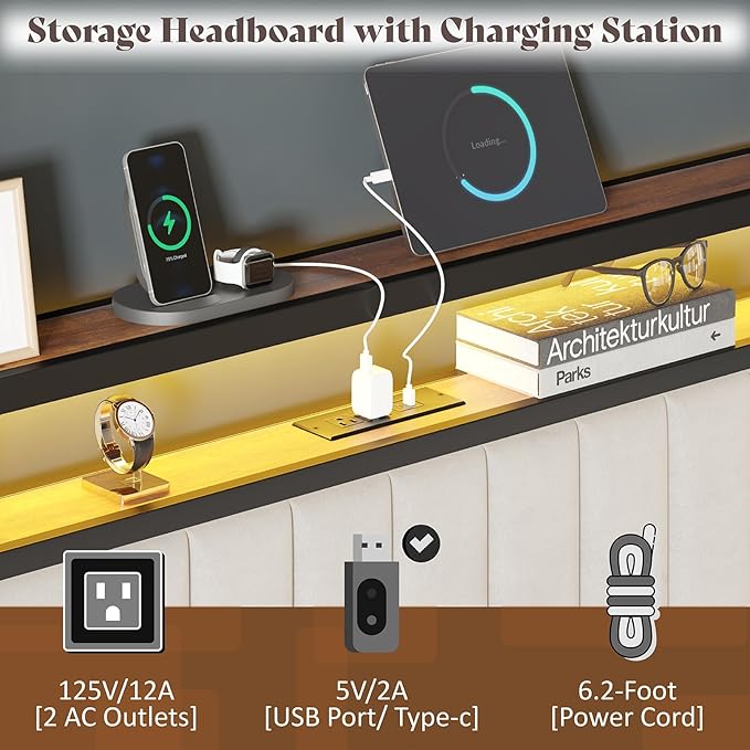 Full Bed Frame with Folding Bench and Charging Station, Velvet Upholstered Headboard with LED Light and Storage Shelf, Heavy Duty Metal Slats/No Box Spring Needed/Easy Assembly, Beige