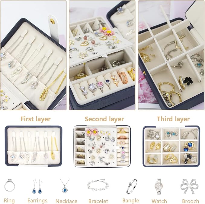 KOOAAICCHI Small Jewelry Box, Travel Jewelry Organizer, Portable Jewelry boxes for Women Girls Gift, Double Layers PU Leather Jewelry Holder for Rings, Earrings, Necklaces-Blue