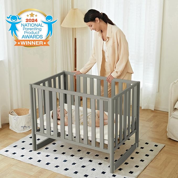 EvoNook 6-in-1 Convertible Mini Crib, 100% New Zealand Solid Wood, 4 Adjustable Mattress Heights, Crib with Mattress, Grey