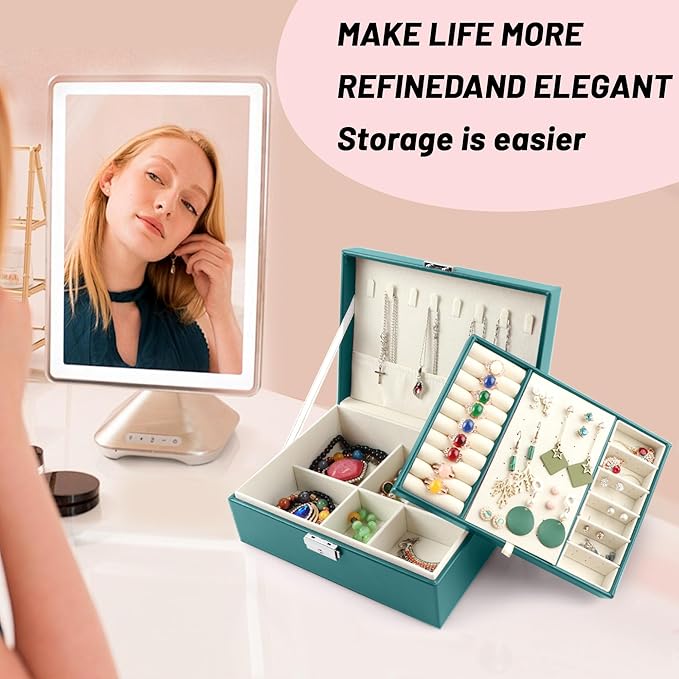 Homeanda Jewelry box 2 layer Jewelry box Leather Jewelry boxes for Women Girls Teens Jewelry organizer box Jewelry Storage box with lock(Green)