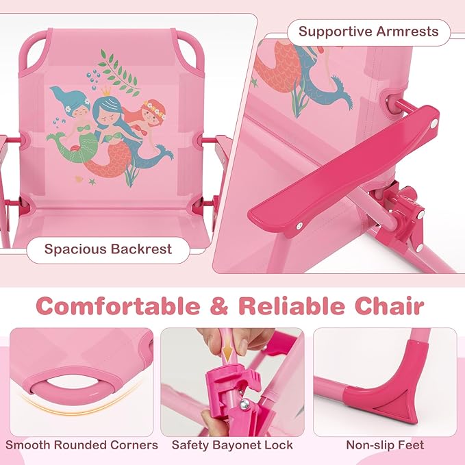 Costzon Kids Picnic Table, Kids Outdoor Table with 2 Folding Chairs, Height Adjustable Umbrella, Portable Children Outdoor Furniture for Patio, Garden, Backyard (Pink)