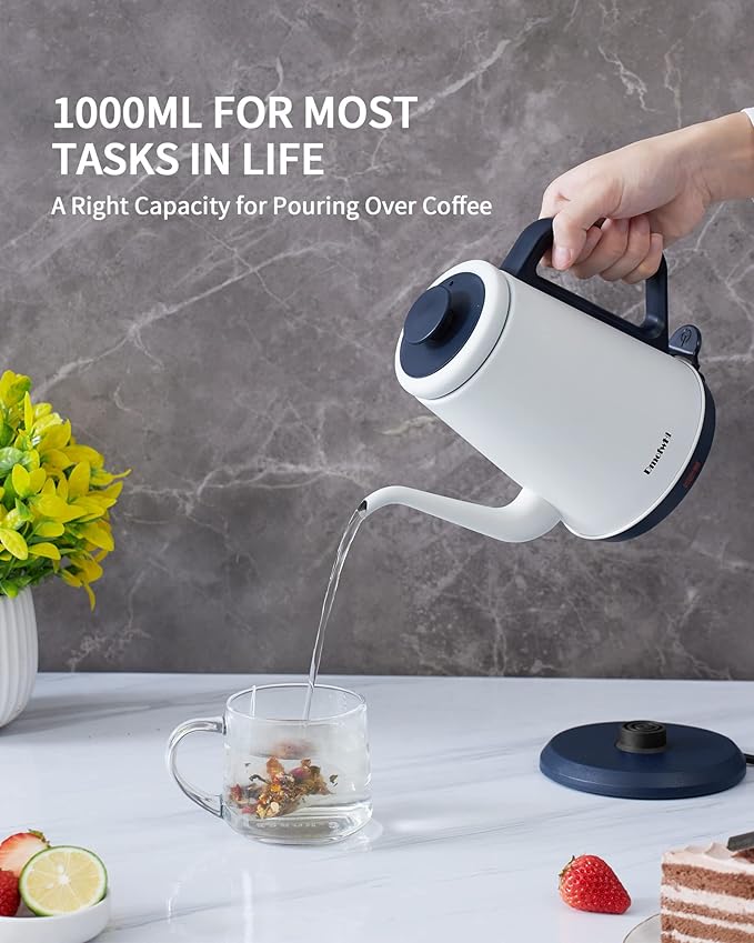 DmofwHi Gooseneck Electric Kettle(1.0L),1000W Electric Tea Kettle of 304 Stainless Steel,Auto Shut off,Coffee Kettle for Pour Over and Tea -White