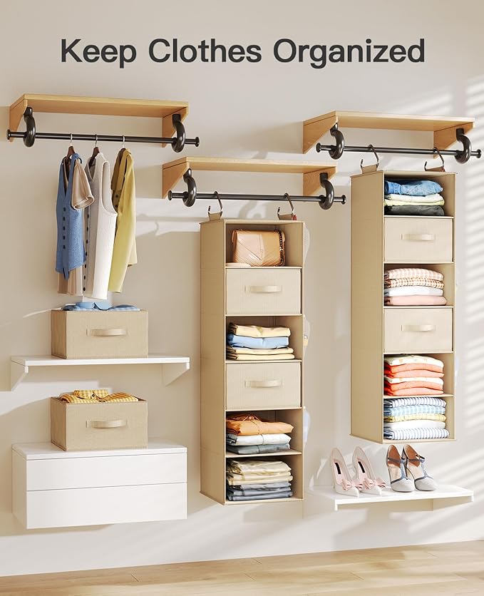 Pipishell Hanging Closet Organizer 6-Shelf, Hanging Shelves for Closet with 3 Removable Drawers & Side Pockets, Hanging Shelf Organizer for Bedroom or Garment Rack, 12'' x 12'' x 43.3'', Beige