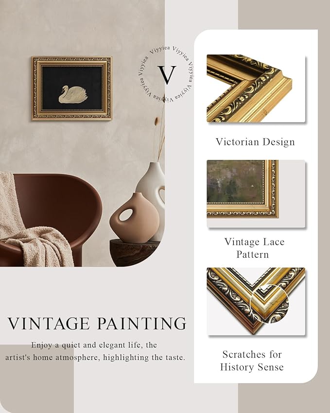 VIYYIEA Gold Framed Wall Art, Grace Swan Canvas Print Home Decor Vintage Art Painting Picture Bathroom Wall Decor, Animals Artwork for Living Room Bedroom Kitchen Office - 10L x 8W