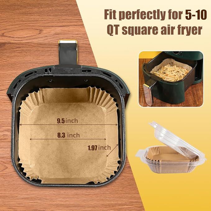 9.5 Inch Paper Air Fryer Liners Disposable,130 Pcs Square Air Fryer Paper Liners, Suitable for 5-10 Qt,Non-stick Parchment Paper for Frying