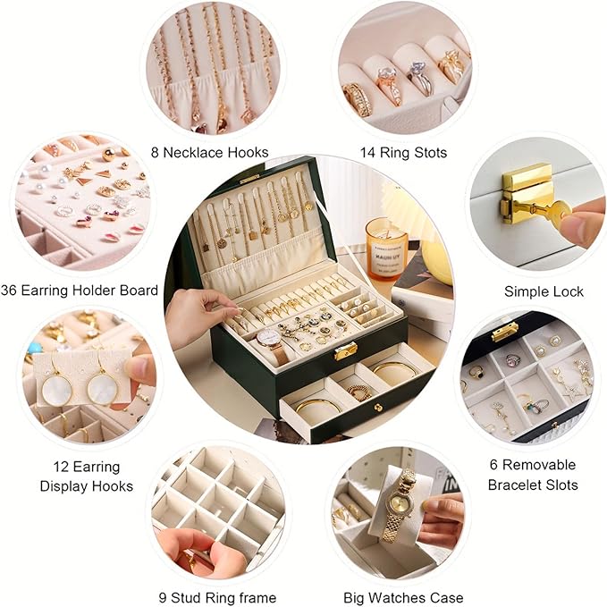 Jewelry Box for Women Girl Wife - Large PU Leather Jewelry Organizer Storage Case with Two Layers Display for Earrings Bracelets Rings Watches (Champagne)