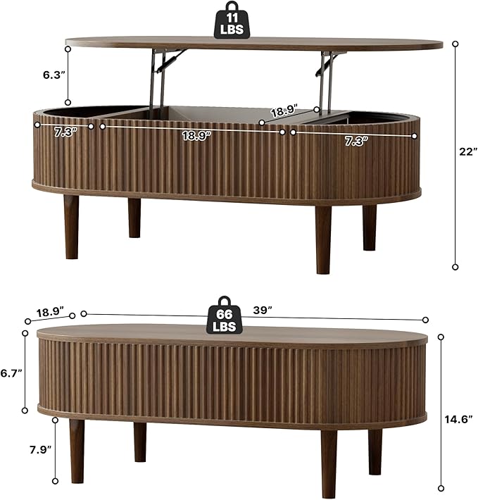 EAG Fluted Lift Top Coffee Table with Hidden Compartment, Modern Oval Coffee Table with Storage, Fully Wood Center Table for Living Room, Office, Walnut