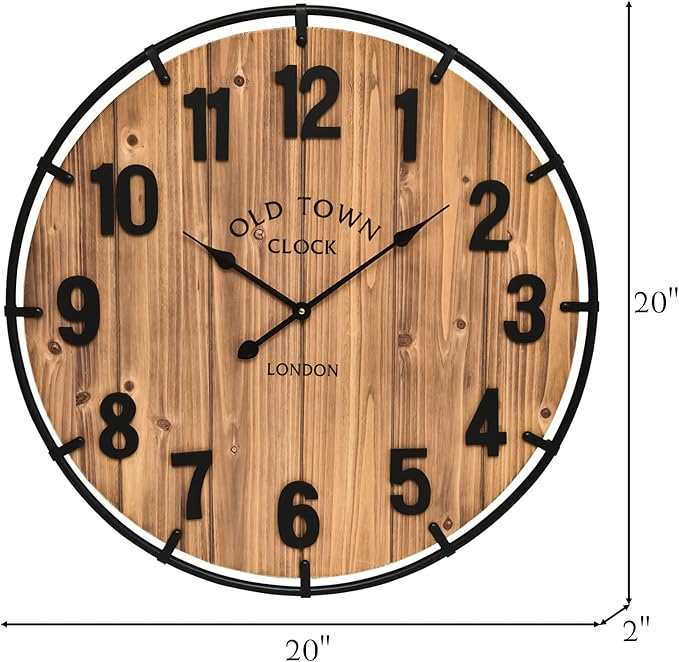 Large Old Town Farmhouse Wall Clock 20 Inches - Rustic Antique Wood with Metal Circle and Large Numerals Silent Battery Operated Wall Clock for Office Kitchen Bedroom Living Room