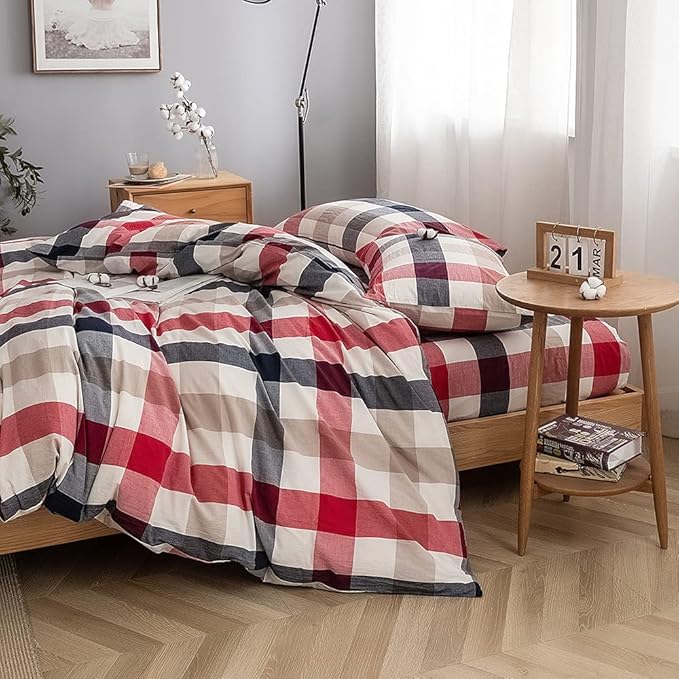 FACE TWO FACE Bedding Duvet Cover Set100% Washed Cotton Duvet Cover Linen Like Textured Breathable Durable Soft Comfy (Twin, Blue red Grid)