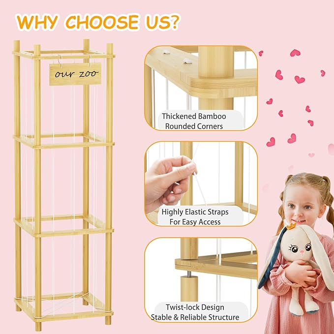 Bamboo Stuffed Animal Storage Zoo, Large Capacity Plush Toy Cage, Wood Stuffed Animals Holder for Toddler Room, Playroom, Bedroom