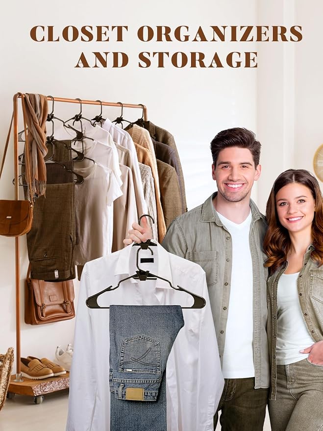 HOUSE DAY Black Plastic Hangers 50 Pack with 20 Connector Hooks, Premium Slim Space Saving Closet Organizers, Non-Slip & Heavy Duty Clothes Hangers for Coat, Suit, Shirt, Dress