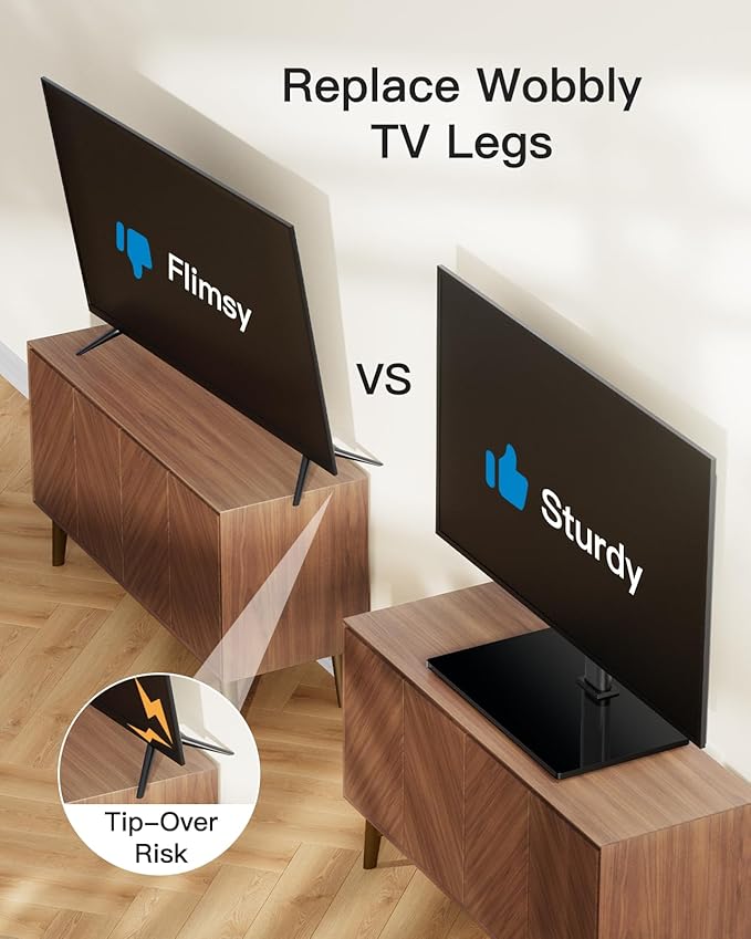 PERLESMITH Universal TV Stand, Table Top TV Stand for 32-60 inch TVs & Monitors, Height Adjustable TV Mount Stand Holds up to 88 lbs with Tempered Glass Base & Wire Management, VESA 400x400mm PSTVS04