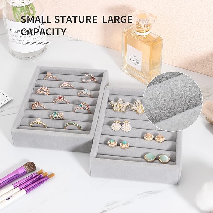 DesignSter Small Jewelry Tray, 2PCS Ring Organizer, Velvet Jewelry Display Tray, Stackable Jewelry Organizer Trays, Jewelry Drawer Organizer Inserts For Dresser, Jewelry Box (Gray)