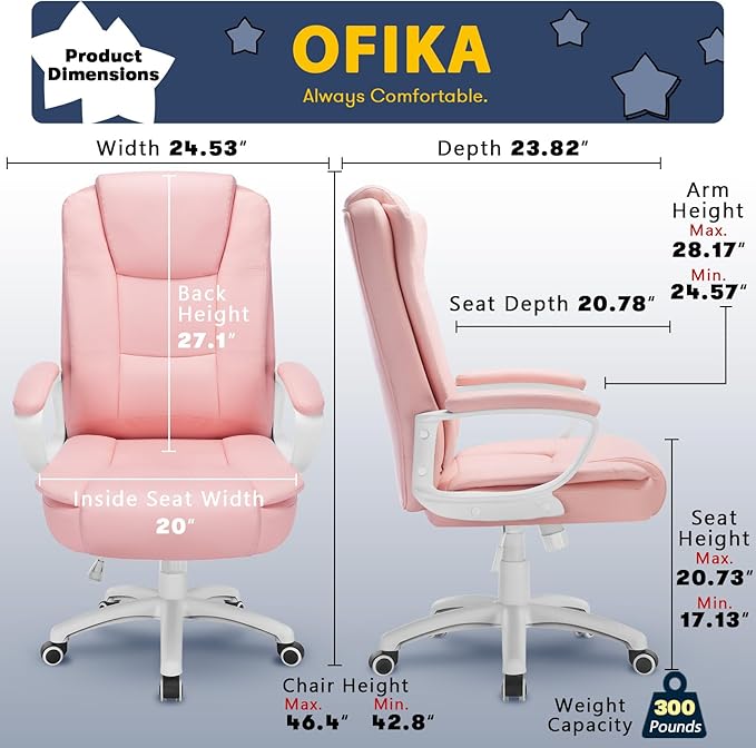 OFIKA Home Office Chair, Ergonomic Desk Chair, Adjustable Task Chair for Lumbar Back Support, Computer Chair with Rolling Swivel and Armrest, Modern Executive High Back Leather Chairs (Pink)