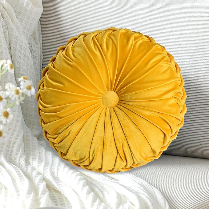 HIG Set of 2 Yellow Ruched Velvet Round Throw Pillows – 14.5’’ Decorative Pillows with Soft Polyester Filling for Couch, Bed, Living Room, Bedroom, or Dorm – Handmade, Stress Relieving, All-Season