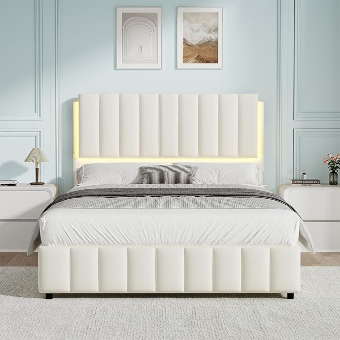 Full Size Bed Frame with LED Lights, Faux Leather Upholstered Platform Bed with Headboard and Wooden Slats Support, No Box Spring Needed, Noise-Free, Easy Assembly, Cream