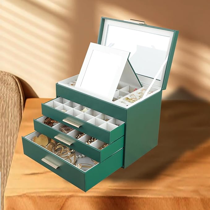 BOOVO Jewelry Boxes for Women, White and Black 6 Layer Large Jewelry Box for Necklace, Bracelet, Earrings, Rings Storage, Jewelry holder Organizer for Girls Gift (Dark Green, 4 layer)