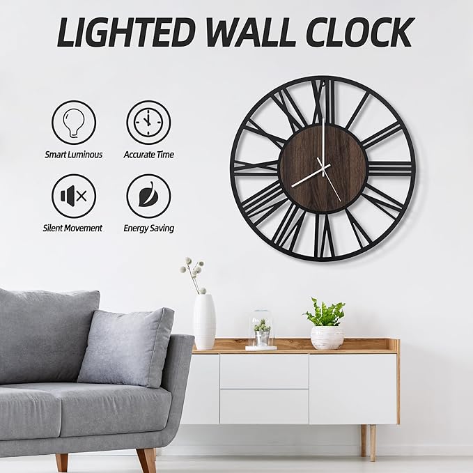 LEIKE Large Wall Clocks with Night Light Battery Operated,Silent Non Ticking,Rustic Modern Big Wood Clock for Living Room, Bedroom,Kitchen,Farmhouse,Office,Home Decor-20 Inch(Roman Numerals)