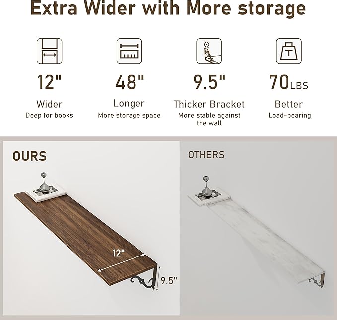 Deep Floating Shelves, 48" W x 12" D Wall Shelves Set of 2, Wide Display Shelf Wall Mounted with Brackets, Bookshelf for Living Room, Bathroom, Bedroom, Walnut