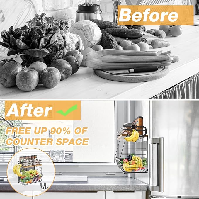 Magnetic Shelf for Fridge with Wood Lid, Large Capacity Wire Basket Magnetic Spice Rack for Refrigerator Kitchen Storage Bin for Fruit, Onion, Potatoes, Storage Organizer for Counter & Cabinet, Black