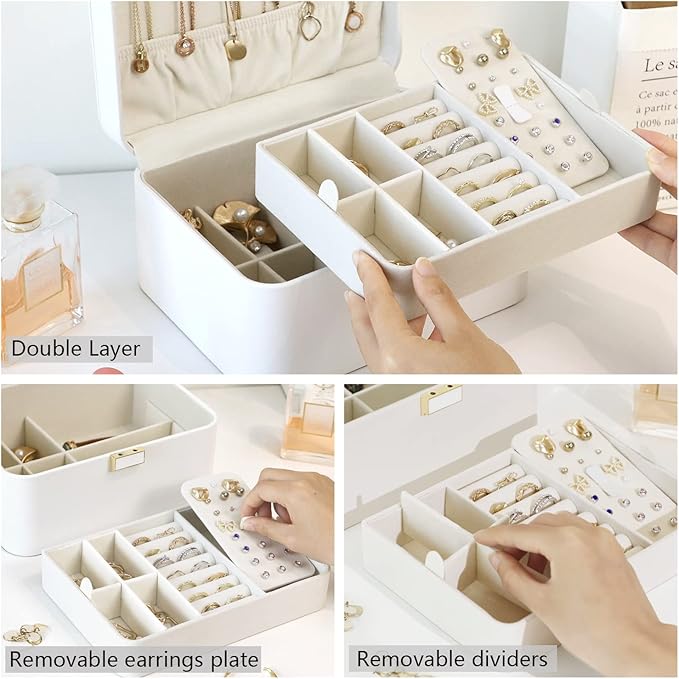KAMIER Jewelry Box Organizer for Women,2 Layer Jewelry Organizer Boxes for Earrings Bracelets Rings Necklaces,Luxury Leather & Soft Velvet Lined,Gift Box Packaging, White