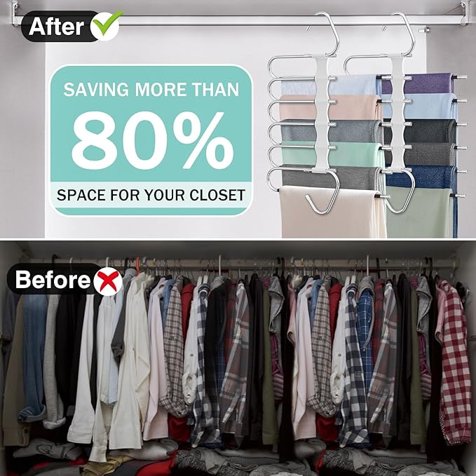 Upgrade 6 Layers Pants Hangers Space Saving, 2Pack Stainless Steel Multifunctional Rack Non Slip S-Type Clothes Jean Hanger Closet Organizer for Jeans Leggings Trousers Skirts Scarf, White