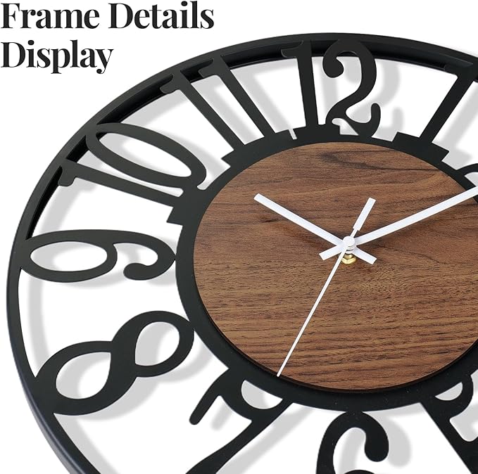 16 inch Wall Clock Battery Operated, Modern Round Big Wood Decorative Metal Wall Clock for Living Room, Non Ticking Silent Black Clocks, Bedroom, Kitchen, Farmhouse, Office Decor-Arabic Numerals