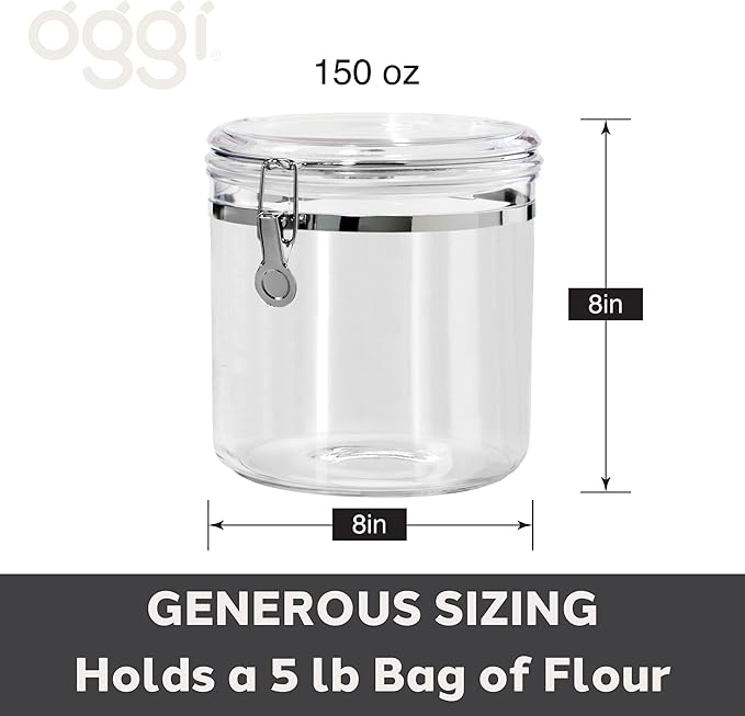 OGGI Jumbo Clear Canister with Clamp Lid, 150 oz - Airtight Food Storage Container, for Kitchen & Pantry Storage of Bulk, Dry Foods Including Pasta, Flour, Sugar, Coffee, Rice, Tea, Spices & Herbs
