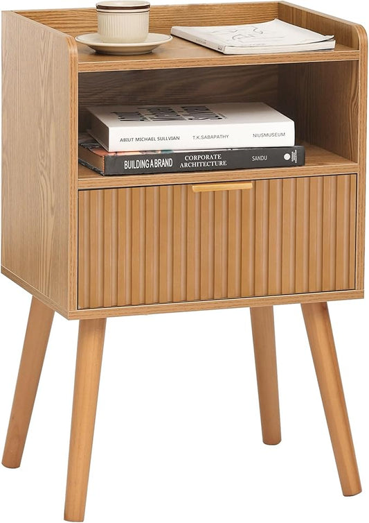 AWASEN Fluted Nightstand, Mid Century Modern Bedside Table with Storage Drawers, Wood Night Stand Bed Side Table with Solid Wood for Living Room, Bedroom, Office and Small Space (Brown)