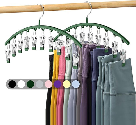 Legging Organizer for Closet, Metal Yoga Pants Hangers 2 Pack w/10 Clips Holds 20 Leggings, Space Saving Hanging Closet Organizer w/Rubber Coated Closet Organizers and Storage, Green