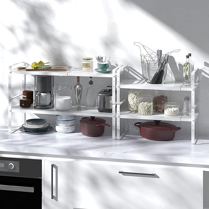 Expandable Kitchen Cabinet Shelf Organizer Rack Heavy Duty Metal Spice Rack Stackable Kitchen Counter Storage Shelf for Kitchen Cabinet Pantry Bathroom (White - 16.5"-27" L x 10.2" W x 9.6" H - 3Pack)