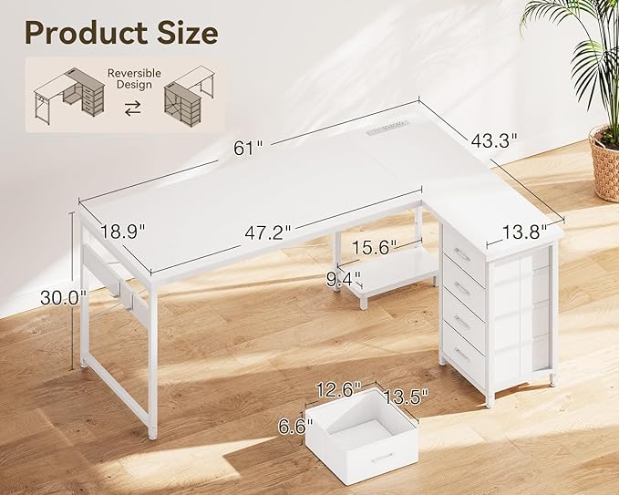 ODK 61'' L Shaped Desk with 4 Drawers, Reversible Corner Desk with Storage, Gaming Table with Power Outlets, USB Ports, PC Case Shelf, Computer Desk for Home Office, Study, Easy Assembly, White