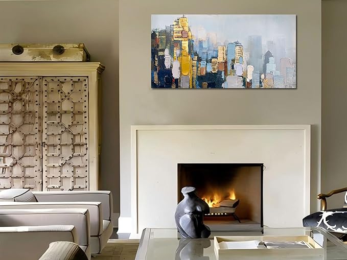 Arjun Abstract Wall Art 3D Textured Skyline Canvas Painting Gold Grey Colorful Modern Cityscape Metropolitan Picture City Artwork Framed Large for Living Room Bedroom Home Office Wall Decor, 48"x24"