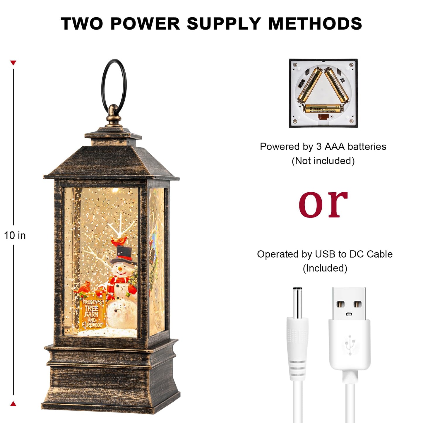 10'' Frosty's Tree Farm Snowman Musical Lighted Snow Globe Water Lantern with Swirling Glitter Decoration for Christmas Home, Living Room, Battery Operated or USB Powered