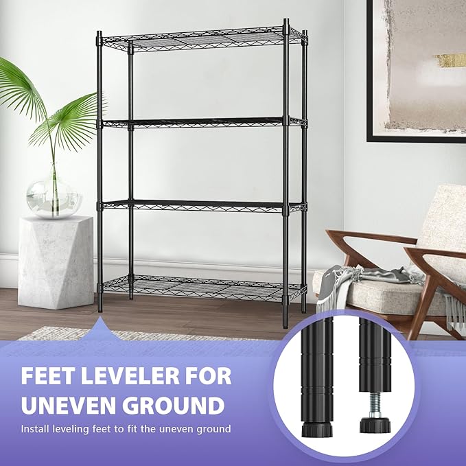 PayLessHere Shelves Shelf Storage Shelves Heavy Duty 4 Tier Adjustable Shelf 1000 lbs Total Capacity NSF Certified Height Adjustable Stable Leveling Feet Easy Assembly (Black)