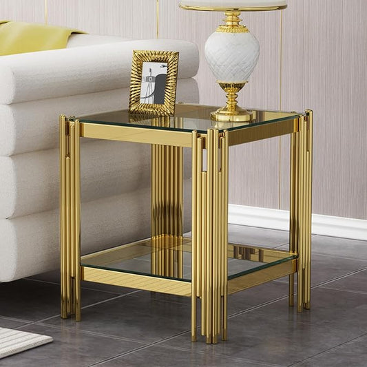Goujxcy Modern Glass End Table - Gold Sofa Side Table With Clear Top and Mirror Finish Stainless Steel Legs, Luxury Square Coffee Bedside Table for Living Room Bedroom (Gold)