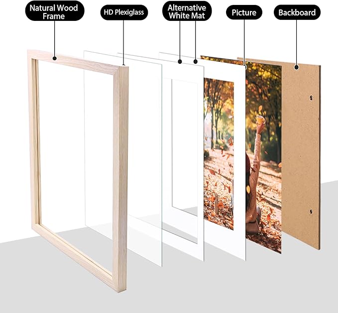 KINLINK 12x16 Picture Frame Natural, Solid Wood Frames with Acrylic Plexiglass for Pictures 11x14/9x12 with Mat or 12x16 without Mat,Wall Display Photo Frame Set of 4